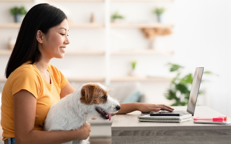 Women holding dog on desk